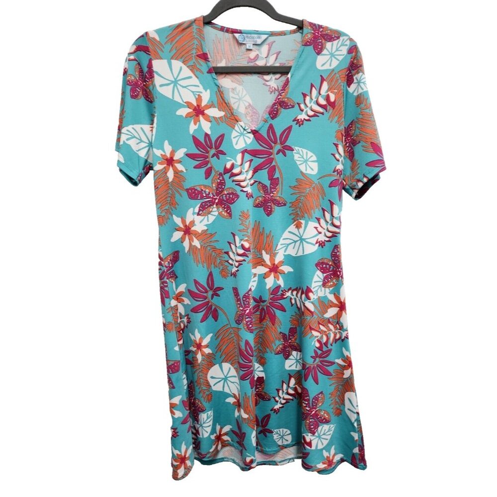 Escapada Living Womens T-Shirt Dress Medium Blue Floral Short Sleeve Beach BOHO
